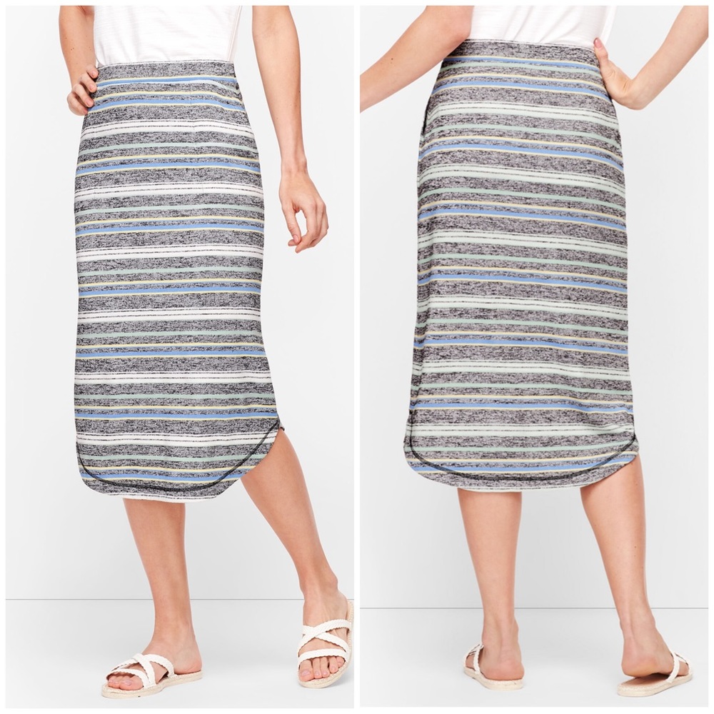 T By TALBOTS Striped Midi Skirt Curved Hem Elastic Waist Large Petite Coastal